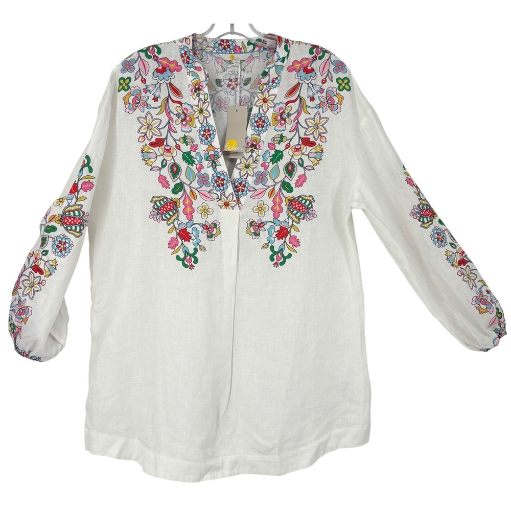 Boden Linen Embroidered Tunic Women Size 10 White Floral New Boho Top